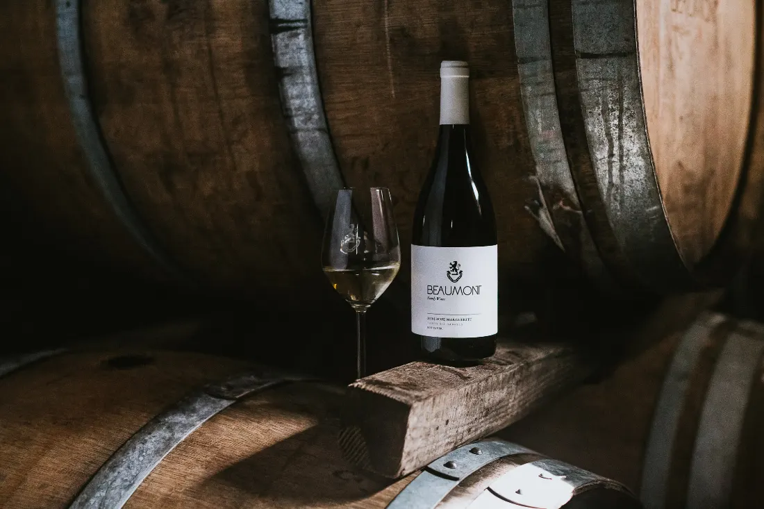 Beaumont Hope Marguerite Chenin Blanc poured among the barrels in the old cellar