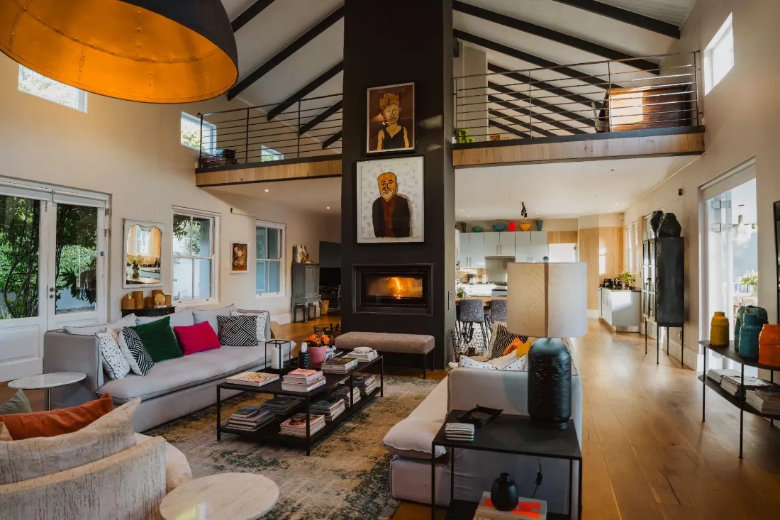 Paloma Villa's double-volume living area with exposed beams