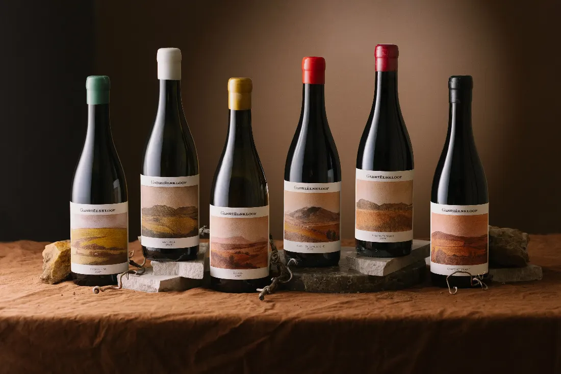 The Gabriëlskloof range, including the Landscape Series, lined up on stone