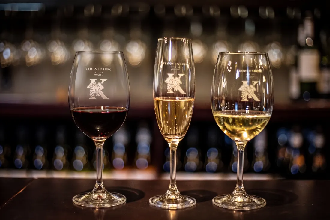 Engraved Kloovenburg glasses poured in the tasting room